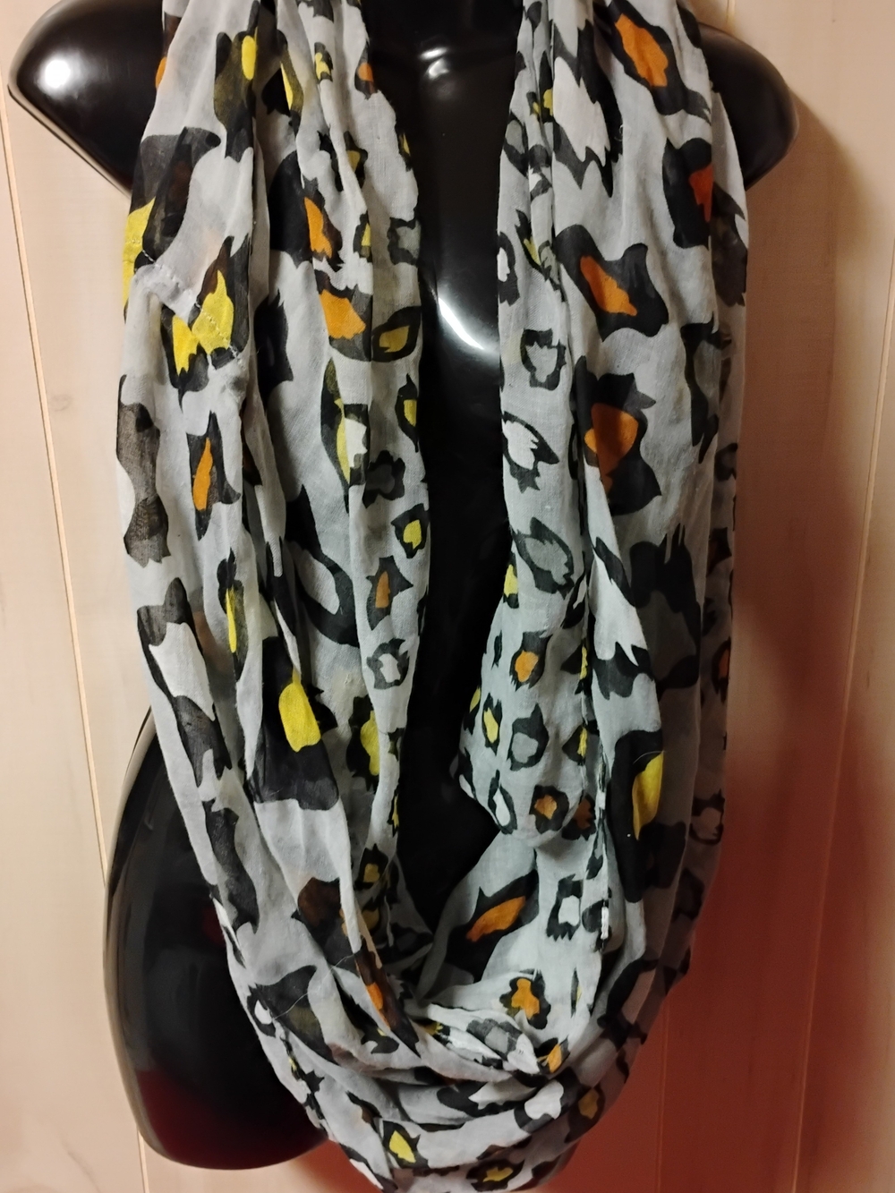 Light Gray Leopard Print Infinity Scarf with Yellow & Orange Spots